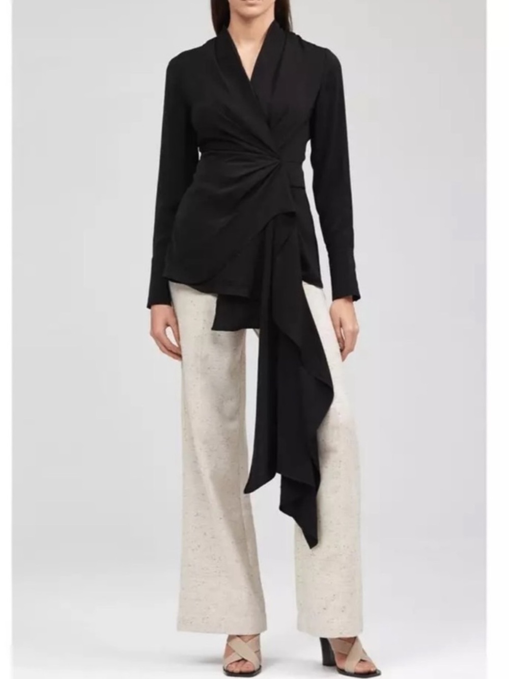 Acler Spanning Black Draped Ruffle Wrap Long Sleeve Top